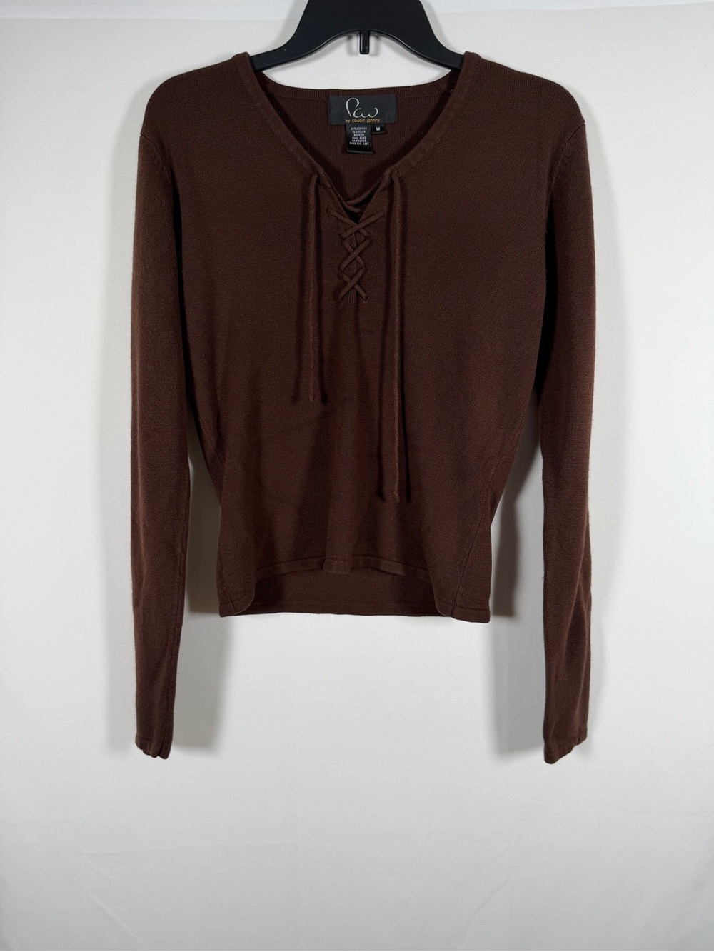Paw Chocolate Brown Lace-Up V-Neck Lightweight Sweater Top Dainty, Feminine